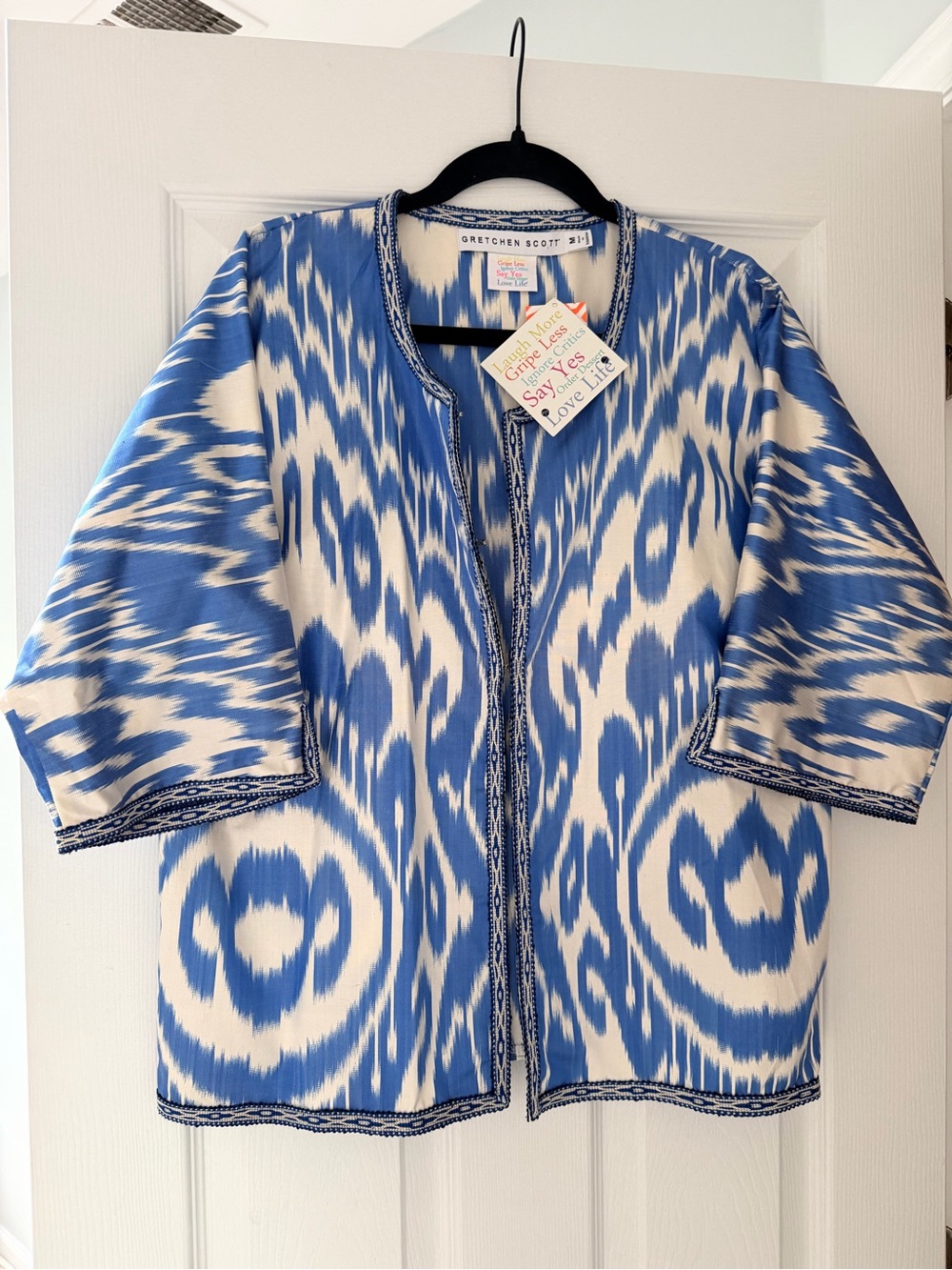Gretchen Scott Designs Blue and White Ikat Open Jacket